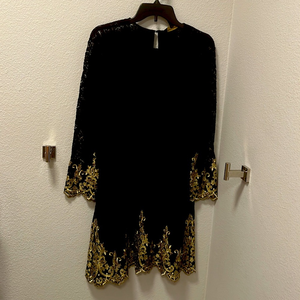 Black lace cocktail dress, with sparkling gold Chantilly lace detail!!  New!!